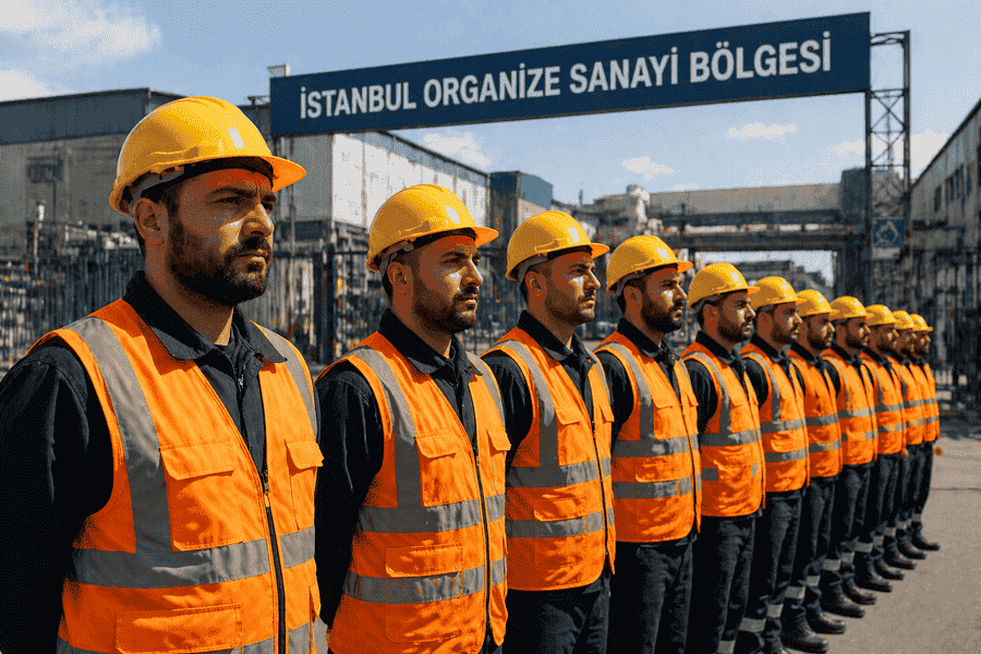 İstanbul'da fabrika ve depo sahasında çalışan, yasal sigortalı ve profesyonel kıyafetli yerel Türk işçi ekibi.